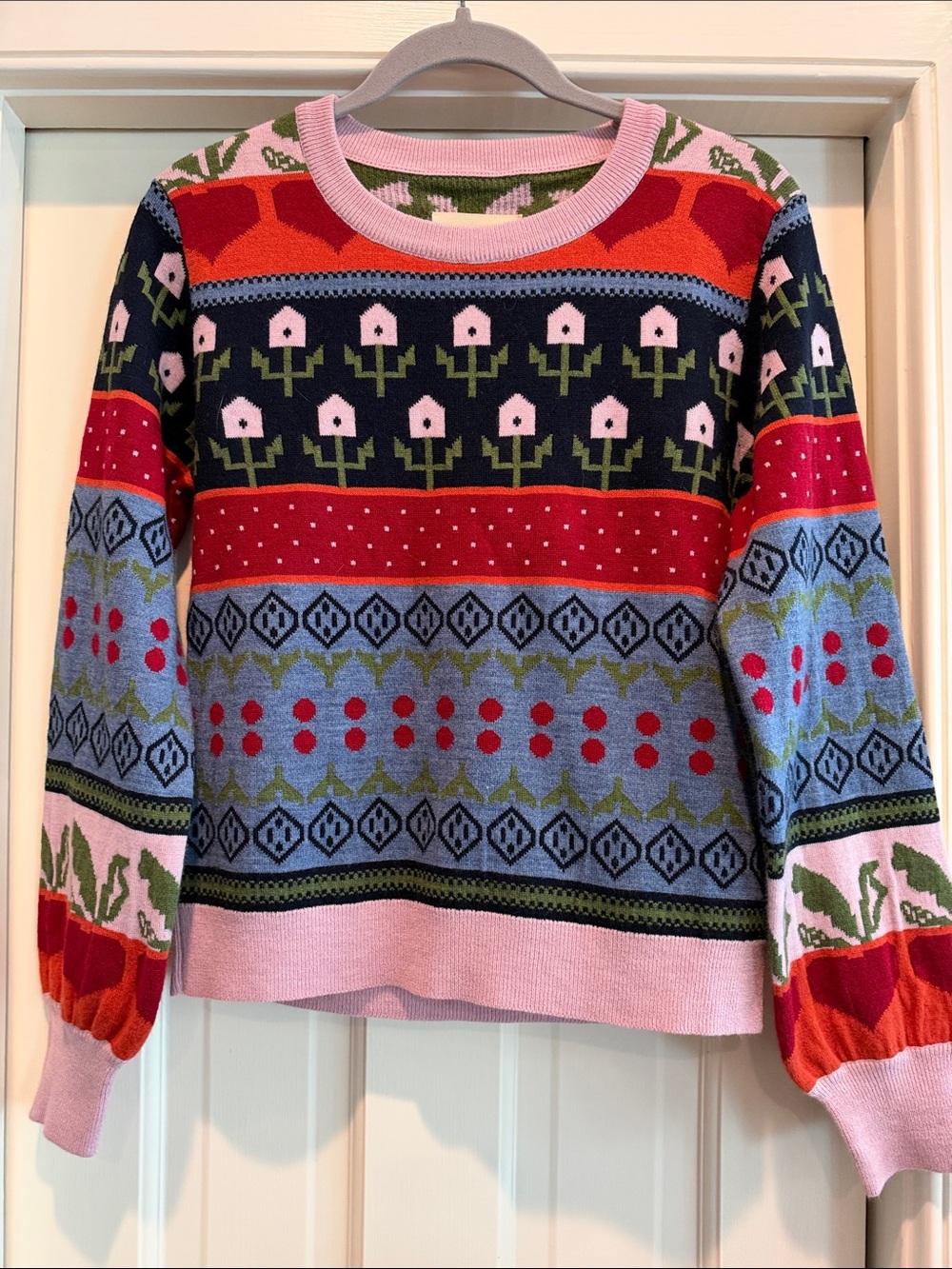 Anthropologie Colorful Floral Fair Isle Sweater - Pink/Red/Blue